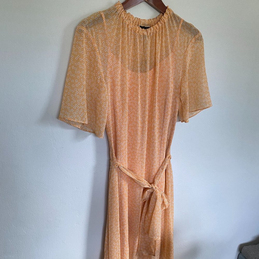 Who What Wear Floral Orange Sheer High Neck Dress with Tie